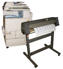 Laserové tiskárna MINOLTA, tiskový a řezací plotr ROLAND